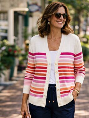 Talbots Girlfriend Cardigan White Multi Stripe Cotton Rayon Knit